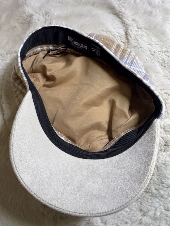 True Religion Newsboy Flat Cap Plaid Suede Logo Y2K Style Cream Brown New main image 2